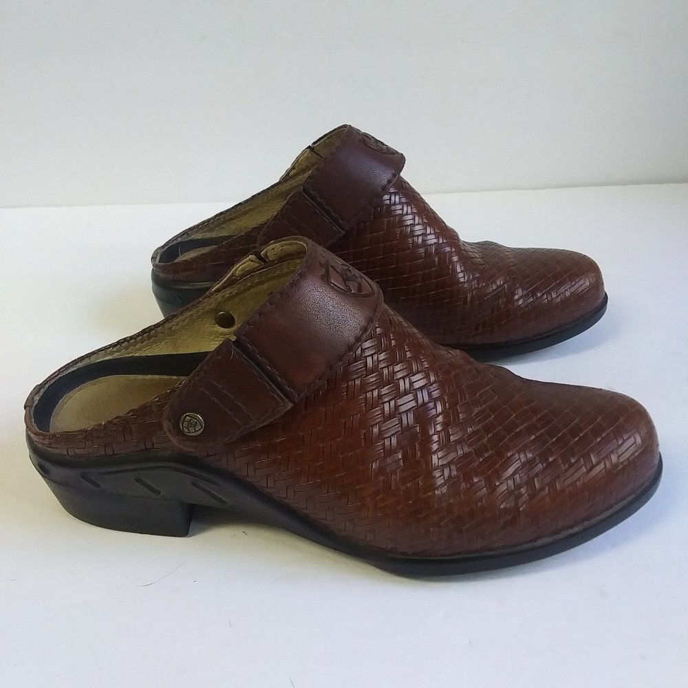 Ariat Shoes Mule Clog Dark Brown Woven Basket Weave Leather Slip On Womens 6.5